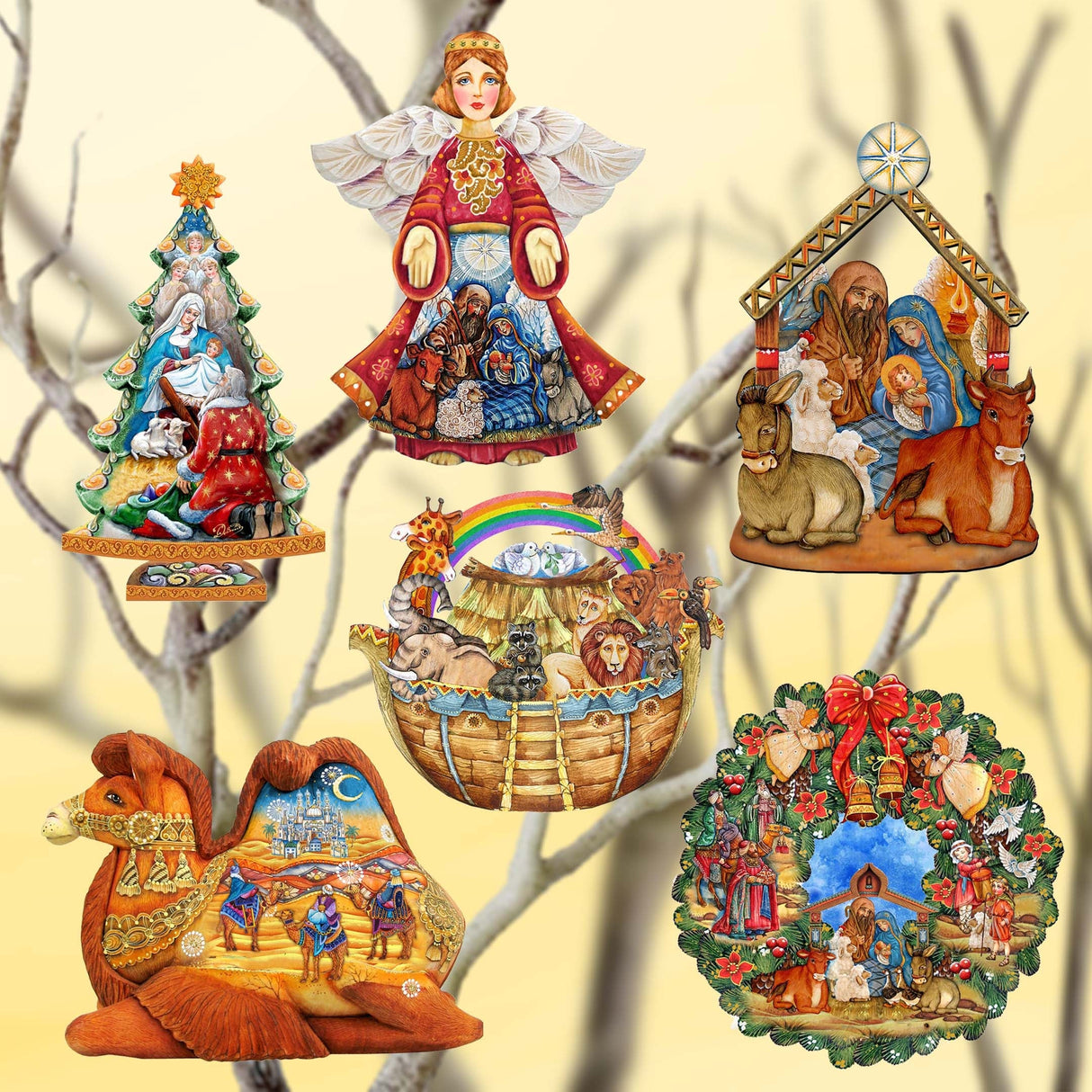 Nativity Decorative Wooden Clip-on Ornaments Set of 6 by G. Debrekht - Nativity Holiday Decor - 8090133C-S6