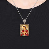 Blessed Virgin Mary Lifegiving Religious Jewelry Silver Plated Necklace, Gold-Plated Wooden Cabochon - Christian Icon - Inspirational Icon Decor - 43017R