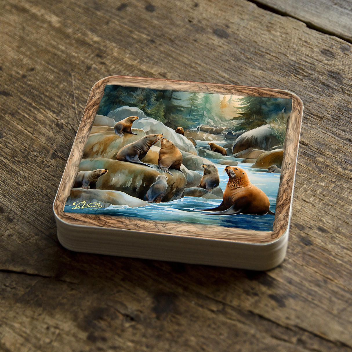 Coastal Sea Lions Wooden Cork Coasters Gift Set of 4 by Nature Wonders Nature Wildlife Decor  - 95386C-S4