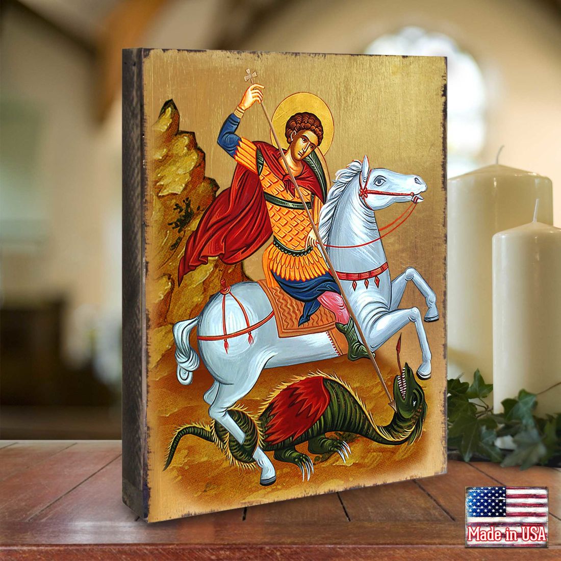 Icono sagrado ortodoxo religioso de madera de San Jorge, bañado en oro - Decoración inspiradora - 85013
