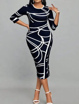 Ladies' Round Neck Printed Casual Bag Hip Dress - Lootquake