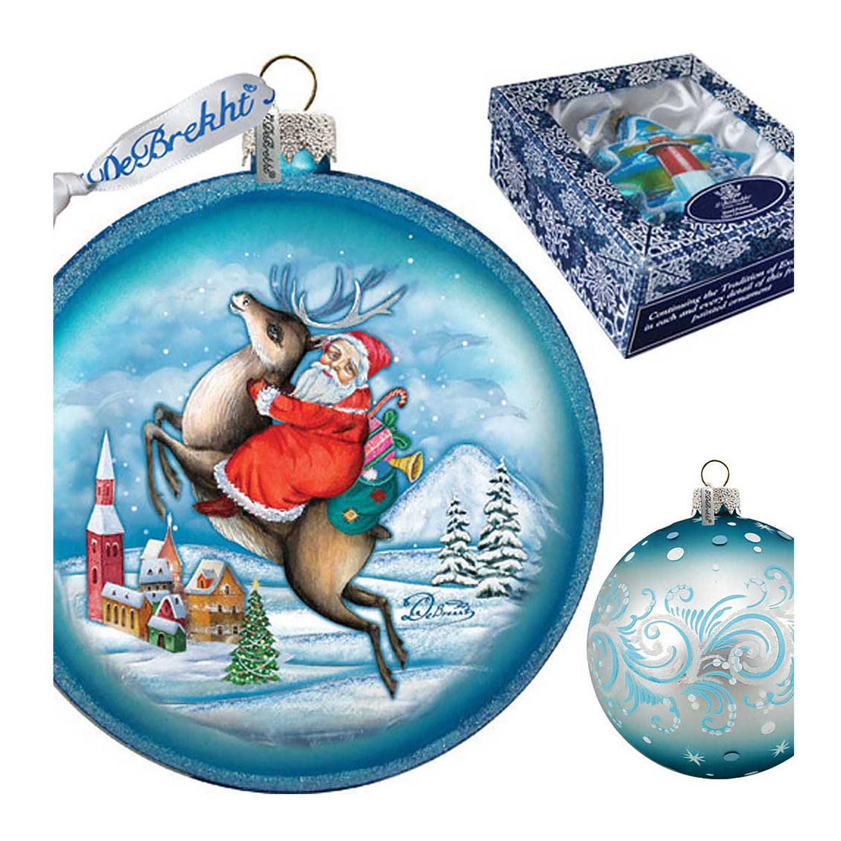 Reindeer Santa Glass Ornament by G. DeBrekht - Christmas Santa Snowman Decor - 744-014B