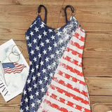 Ladies' V-neck American Flag Star Striped Pocket Shoulder Strap Mini Dress, Independence Day Dress - Lootquake