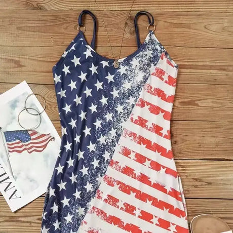 Ladies' V-neck American Flag Star Striped Pocket Shoulder Strap Mini Dress, Independence Day Dress - Lootquake