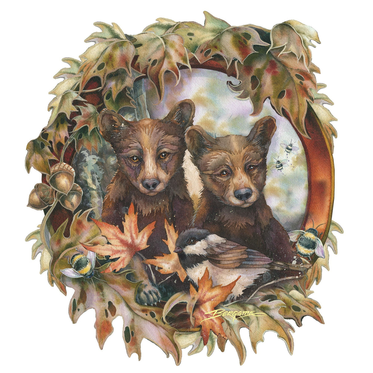 Arte de pared Simple Joys: Cachorros de oso negro con abejas, de J. Bergsma - Decoración navideña con temática de vida silvestre - 8591850W-JB