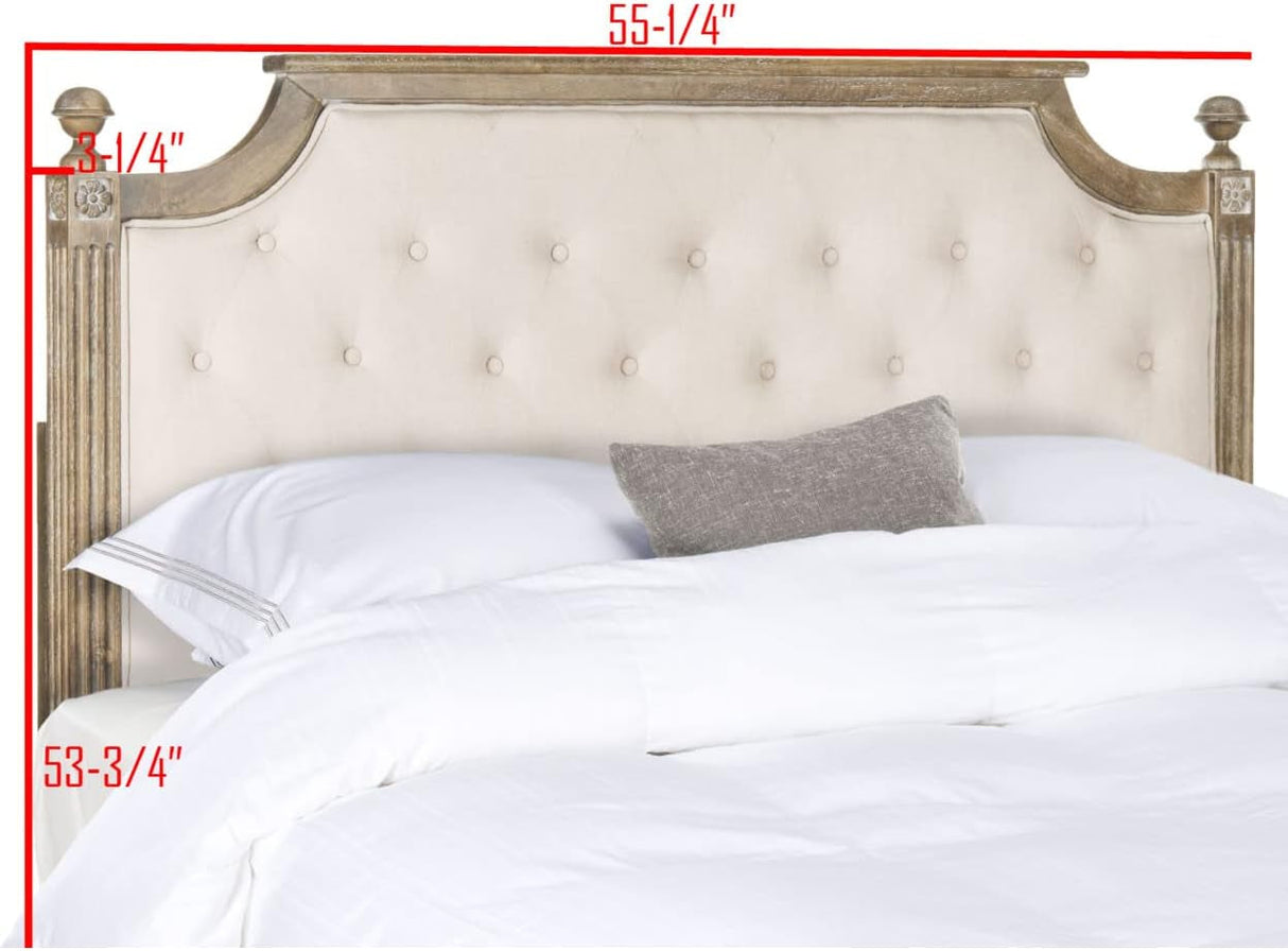 Tufted Linen Headboard in Beige and Rustic Oak