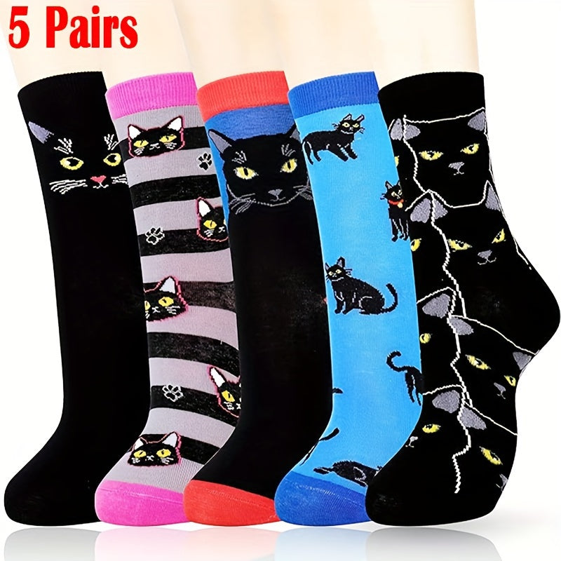 5 Pairs Personality Black Cat Cartoon Print Medium Tube Socks For Womens Gifts, Cute Comfy Warm Socks Birthday Gifts