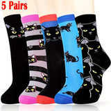 5 Pairs Personality Black Cat Cartoon Print Medium Tube Socks For Womens Gifts, Cute Comfy Warm Socks Birthday Gifts