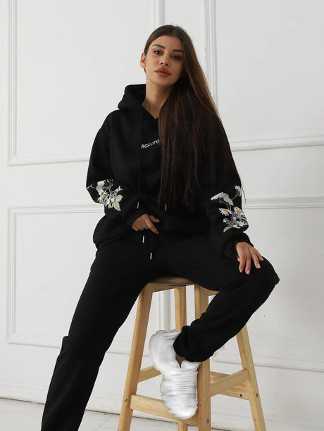 Women's Solid Color Floral Long Sleeved Sweatshirt - Lootquake