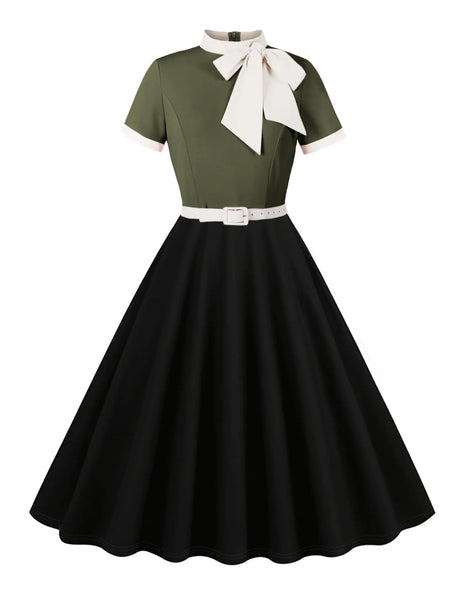 50s Style Dresses for Women Vintage Short Sleeve Tie Neck Swing Dress 1950s Dresses Contrast Color 50s Dresses for Women Retro Audrey Hepburn Church Dresses Tea Party Dress Army Green 2XL - Lootquake