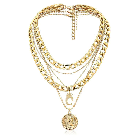 MJartoria Gold Layered Necklaces for Women Trendy Retro Coin Crown Letter Pendant Necklace Dainty Chunky Chain Choker Necklaces for Jewelry Birthday Gifts (Gold C) - Lootquake