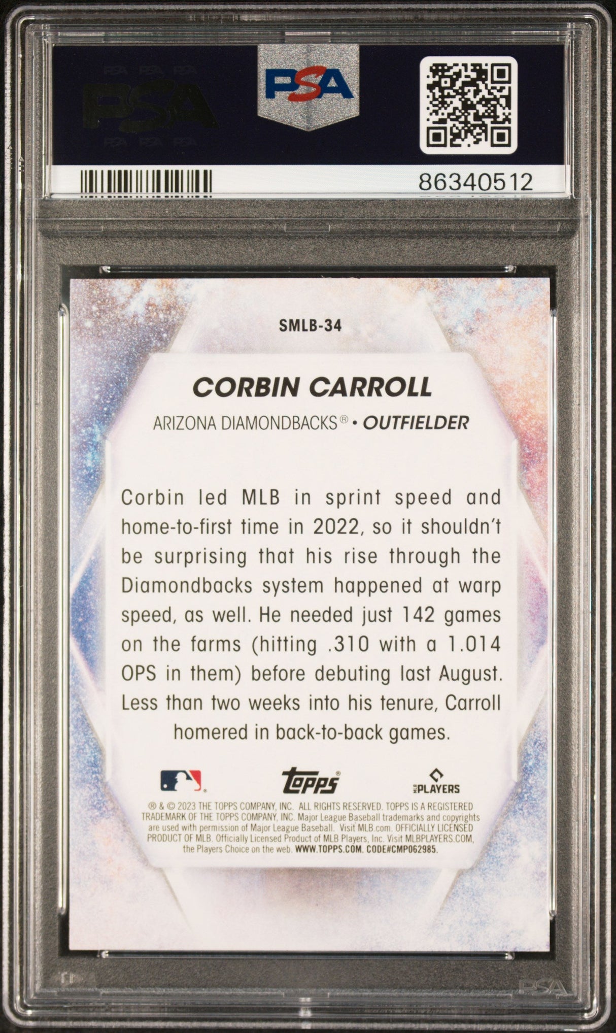 Tarjeta de béisbol RC de novato de estrellas de la MLB Corbin Carroll #SMLB34 de Topps 2023, calificada como PSA 10 Gem Mint