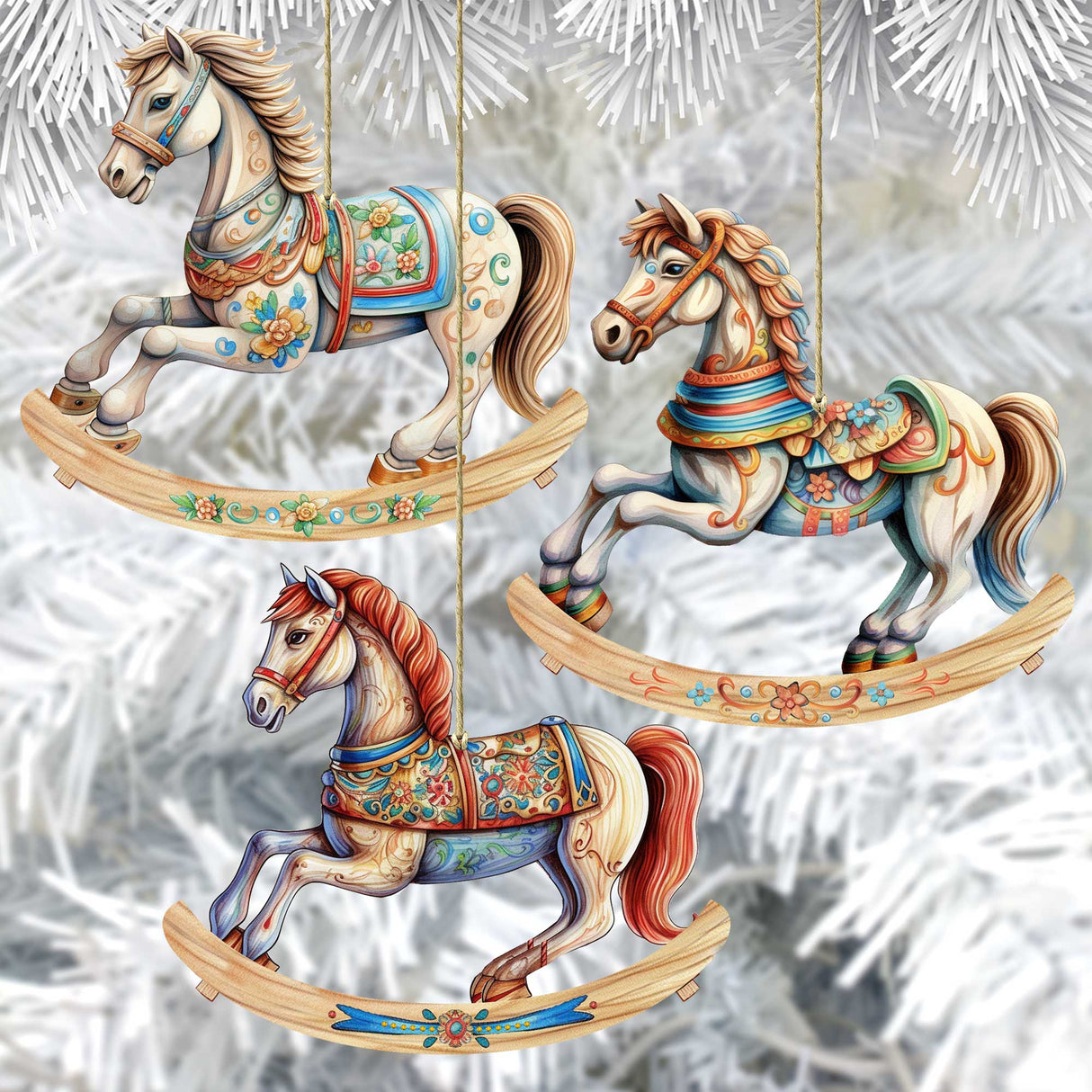 Rocking Horses Wooden Ornaments Set of 3 by G. Debrekht - Christmas Decor - 8100196S3