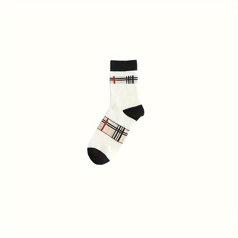 1/5 pares de calcetines de tubo medio elegantes a cuadros para mujer - Mezcla de algodón cómoda y transpirable, ideales para uso diario y atuendos casuales