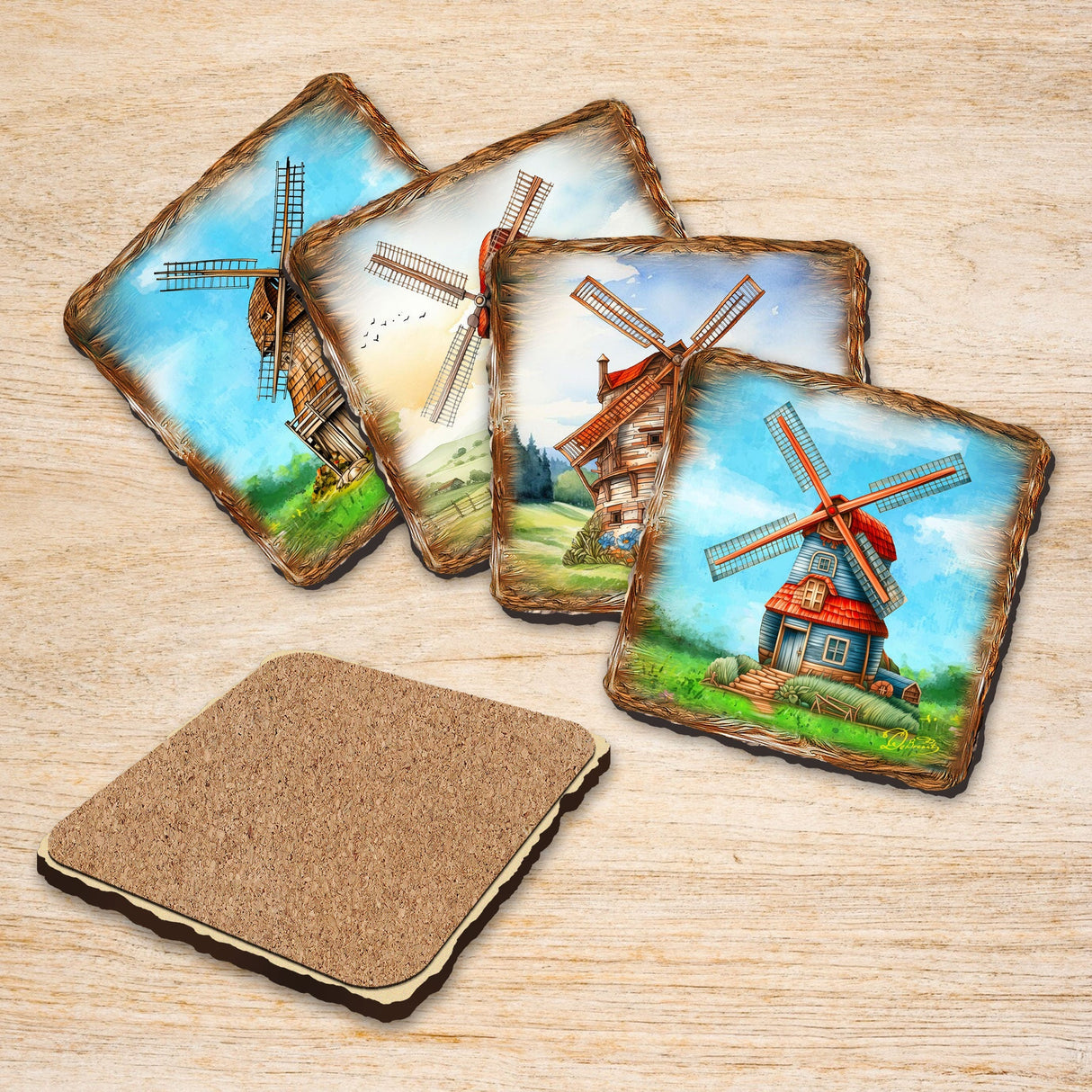 Posavasos de corcho de madera con diseño de molinos de viento, juego de 4, de Nature Wonders - Decoración de vida silvestre - 95406C-S4