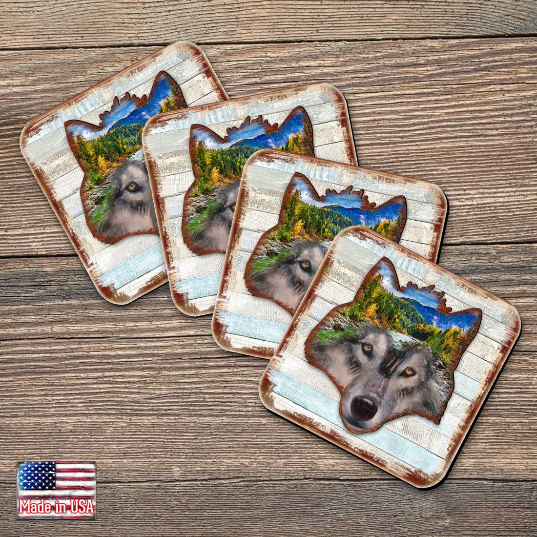 Juego de 4 posavasos de corcho de madera con cara de lobo de Nature Wonders - Decoración de vida silvestre - 8198227-4-9C-S4