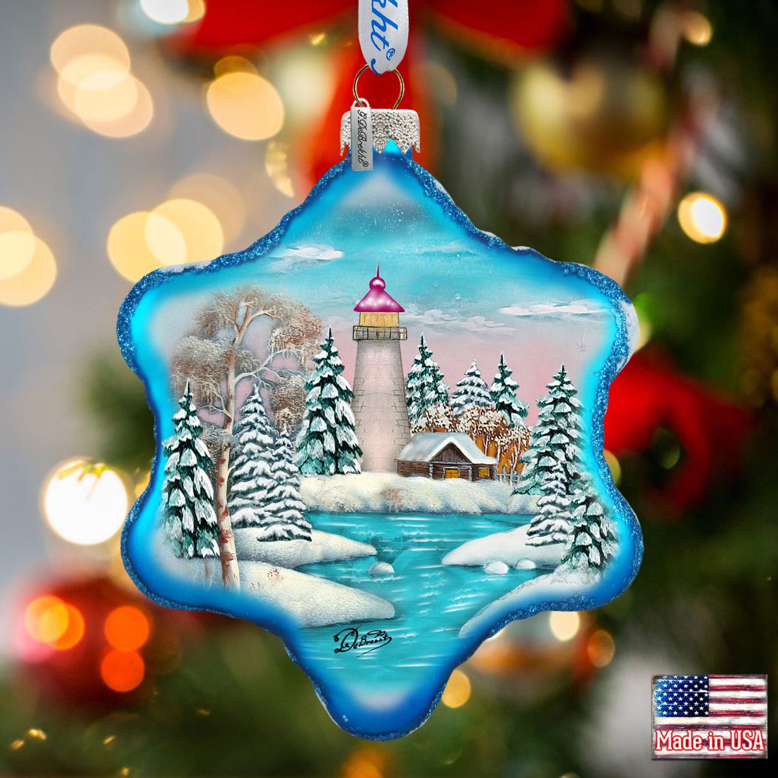 Lighthouse Snowflake Glass Ornament by G. DeBrekht - Coastal Holiday Decor - 754-007