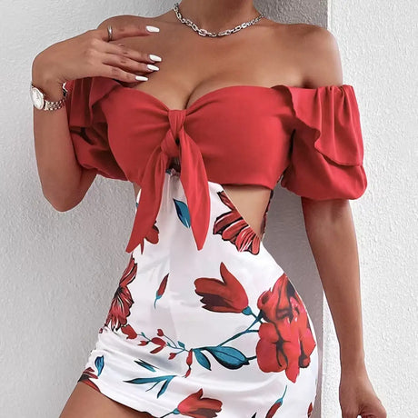 Ladies' Fashionable Casual Floral Print Off Shoulder Knot Decoration Hollow Jumpsuit - Lootquake