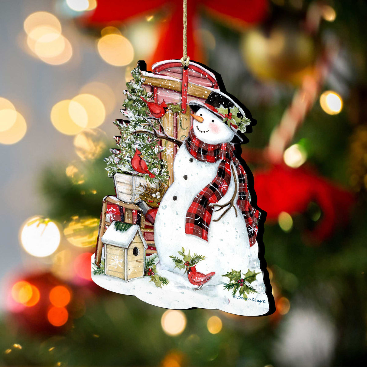 Christmas Decoration Snowman with Cardinals - Handmade Wooden Christmas Tree Ornament by Susan Winget - 8471115-SW