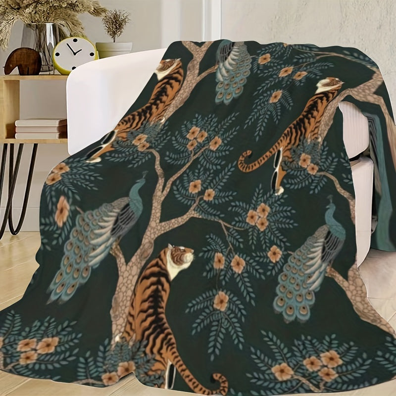 51x59 inches Vibrant Tiger and Peacock Print Flannel Throw Blanket - Throws with Hypoallergenic Polyester Fiber, Soft Multipurpose Knitted Design for All Seasons, Space Theme Decorative Bedding with Easy Dry Clean Care and St