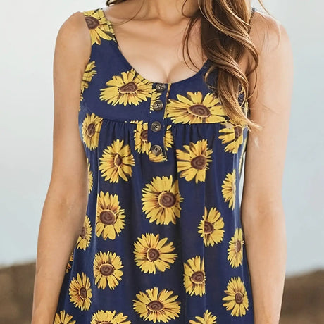 Ladies' Sunflower Print Casual Elegant Style Button Knit Detail Fashionable Vest - Lootquake
