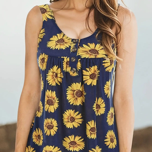 Ladies' Sunflower Print Casual Elegant Style Button Knit Detail Fashionable Vest - Lootquake