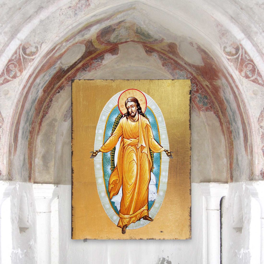 Icono religioso cristiano sagrado de madera bañado en oro de la Resurrección - Decoración inspiradora - 85059