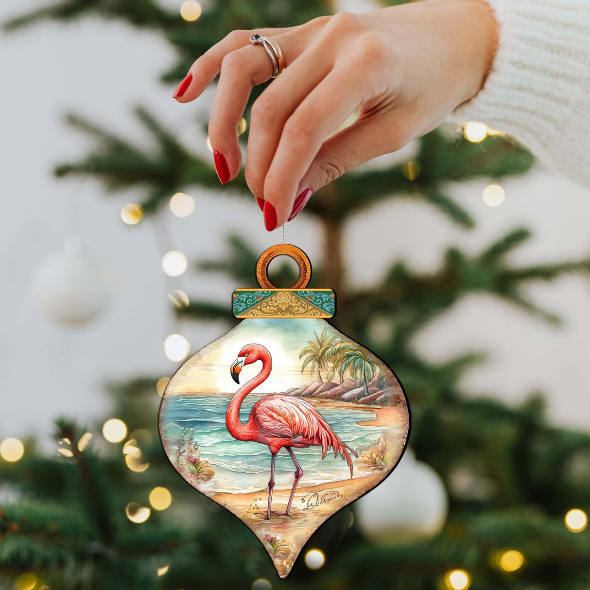 Holiday Coastal Decor - Flamingo Charm Wooden Ornaments by G. Debrekht - Coastal Holiday Decor - 8688173
