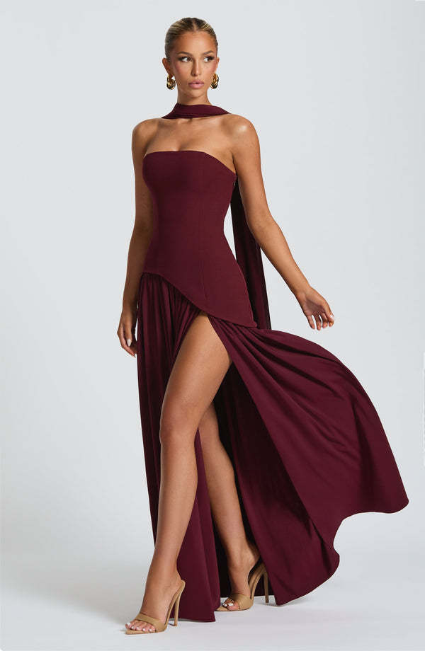 Cherry Lacquer Maliyah Maxi Dress with Chiffon Skirt & Scarf