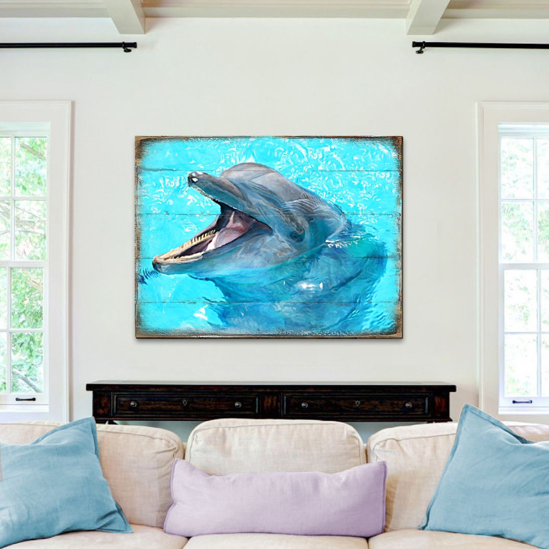 Arte de pared costero de madera con diseño de delfines de Sowers de Nature Wonders - Decoración costera de vida marina - 95267B