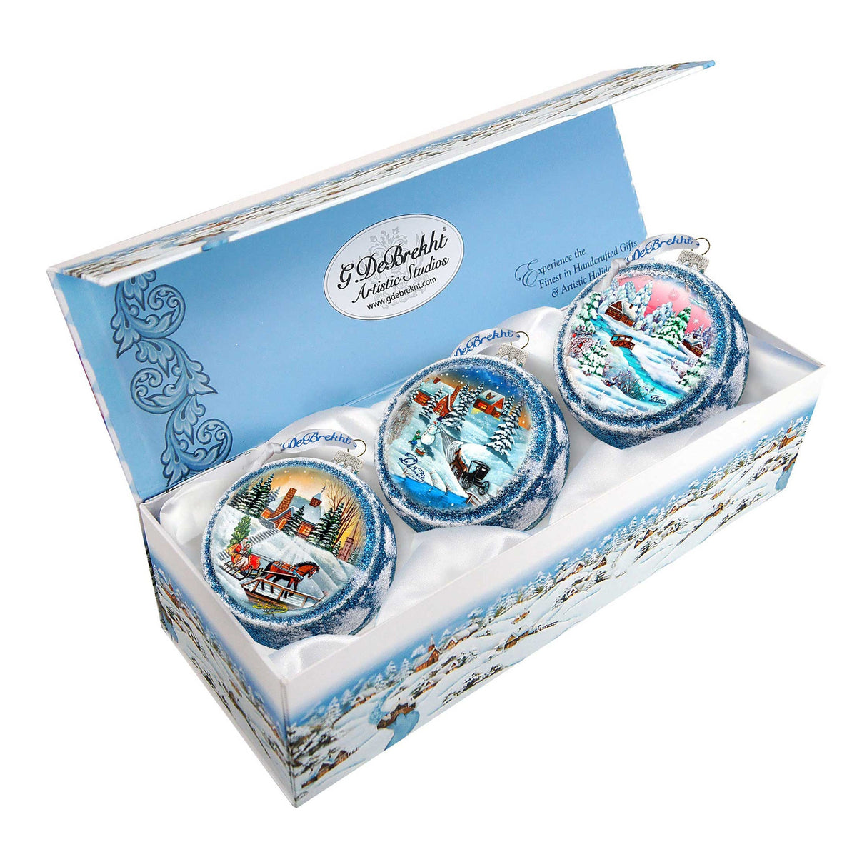 Juego de 3 adornos de cristal de pueblo invernal de G. DeBrekht - Decoración navideña - 73747-S3