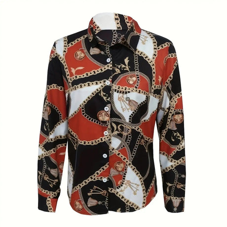 Ladies' Sexy Button Up Shirt With Fashionable Chain Print V-neck Lapel Long Sleeved Top - Lootquake