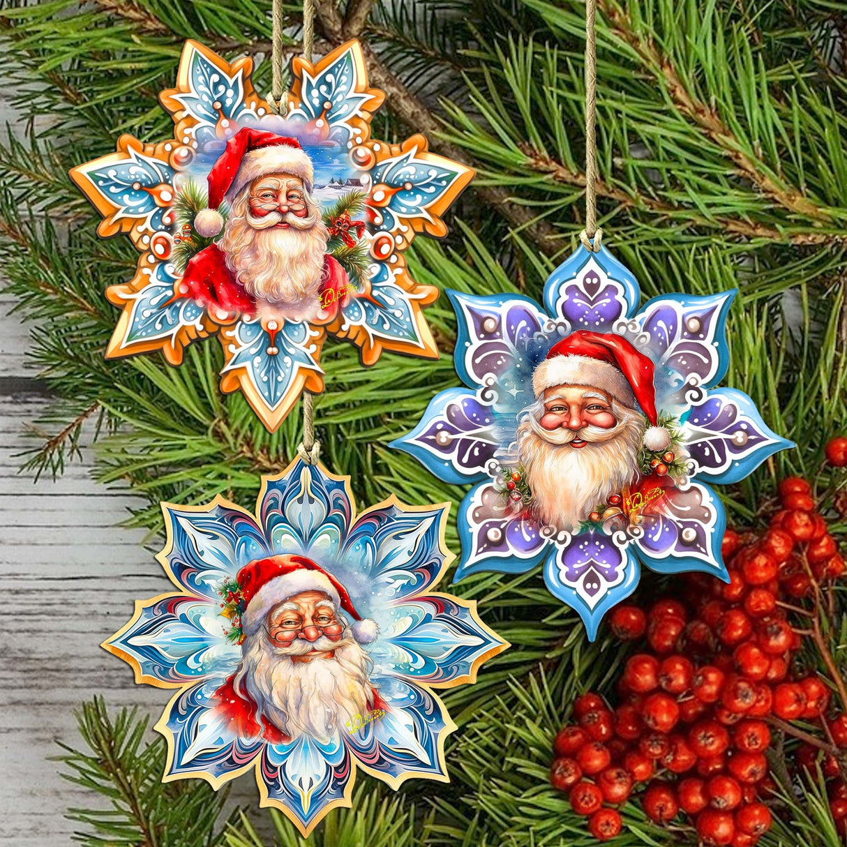 Santa's Smile Snowflake Wooden Ornaments Set of 3 by G. Debrekht - Christmas Decor - 8090148-S3