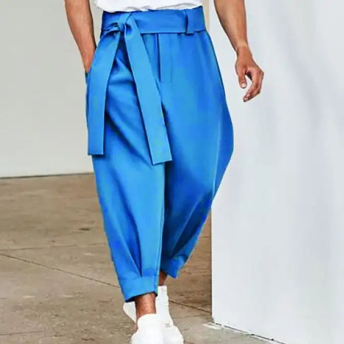 Men's Loose Solid Color Cropped Pants Belt Decoration European And American - Lootquake