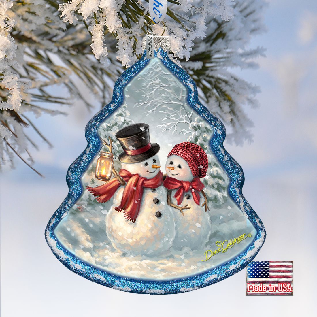 Adorno de cristal con pareja de nieve de D. Gelsinger - Decoración navideña de Papá Noel y muñeco de nieve - 762-108-DG