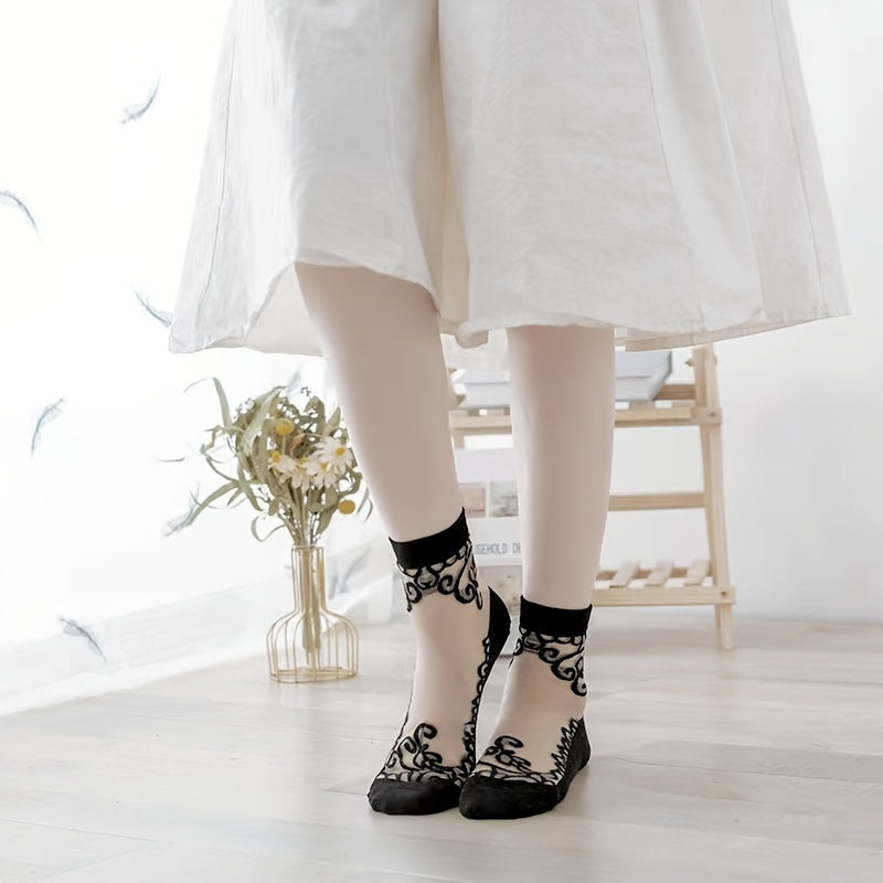 5 pares de calcetines de malla bordados, finos y cómodos, de tubo medio, para mujer.