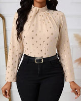 Ladies' Polka Dot Printed Pleated Collar Fashionable Date Commuting Shopping Long Sleeved Shirt - Lootquake