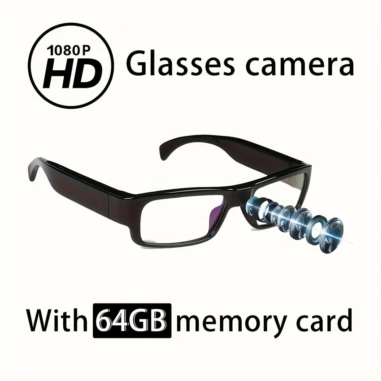 HD 1080P Smart Glasses Camera | Digital Video Recorder, 64GB Memory Card, Black ABS Frame, Rechargeable Battery, Eye Protection, HD Lens, Lightweight & Stylish Design, Sports Action Camera