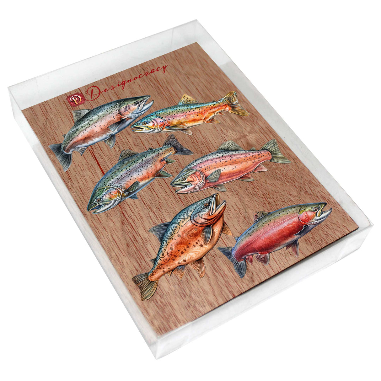 Juego de 6 imanes decorativos de madera "Wild Salmon Tales" de G. Debrekht - Decoración costera con fauna - 8090109G-S6