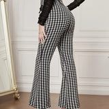 Women's Versatile Pants With Contrasting Colors, High Waisted Front Fake Pocket, Casual And Elegant Style, Hound Print Flared Pants - Lootquake