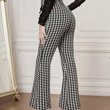 Women's Versatile Pants With Contrasting Colors, High Waisted Front Fake Pocket, Casual And Elegant Style, Hound Print Flared Pants - Lootquake