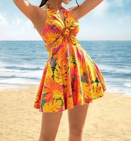 Ladies' Summer Contrasting Tropical Print Hanging Neck With V-neck Hollow Out Pleated Beach Vacation Style Short Dress - Lootquake