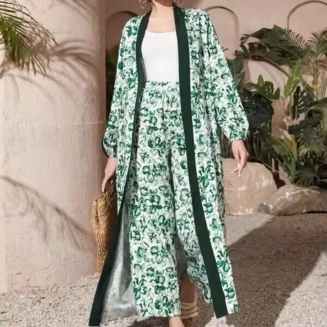 Two Piece Set Of Women's Contrasting Color Trimmed Floral Print Cardigan Jacket And Casual Loose Pants - Lootquake