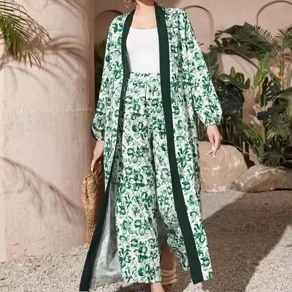 Two Piece Set Of Women's Contrasting Color Trimmed Floral Print Cardigan Jacket And Casual Loose Pants - Lootquake