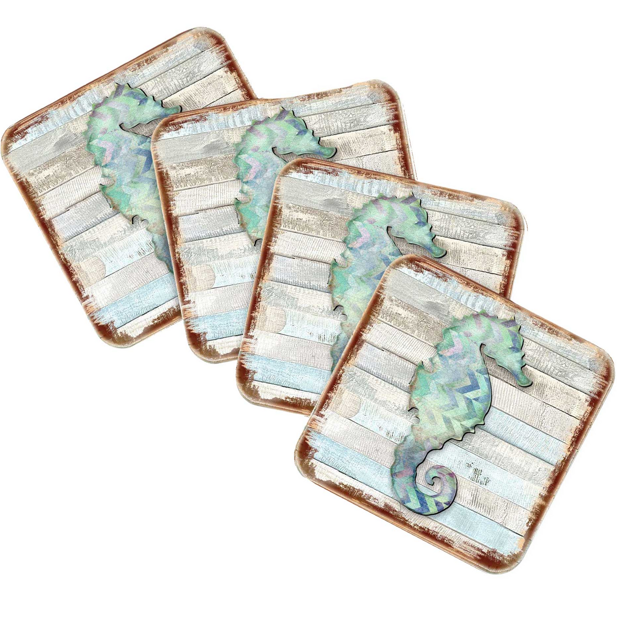 Juego de 4 posavasos de corcho de madera con diseño de caballito de mar de Nature Wonders - Decoración costera de vida marina - 8198517-2-9C-S4
