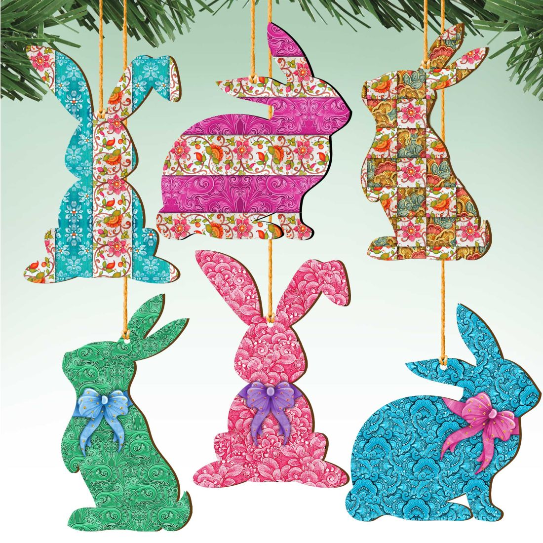 Quilted Bunny Wooden Ornaments Set of 6 by G. DeBrekht - Easter Spring Decor - 815442X-S6