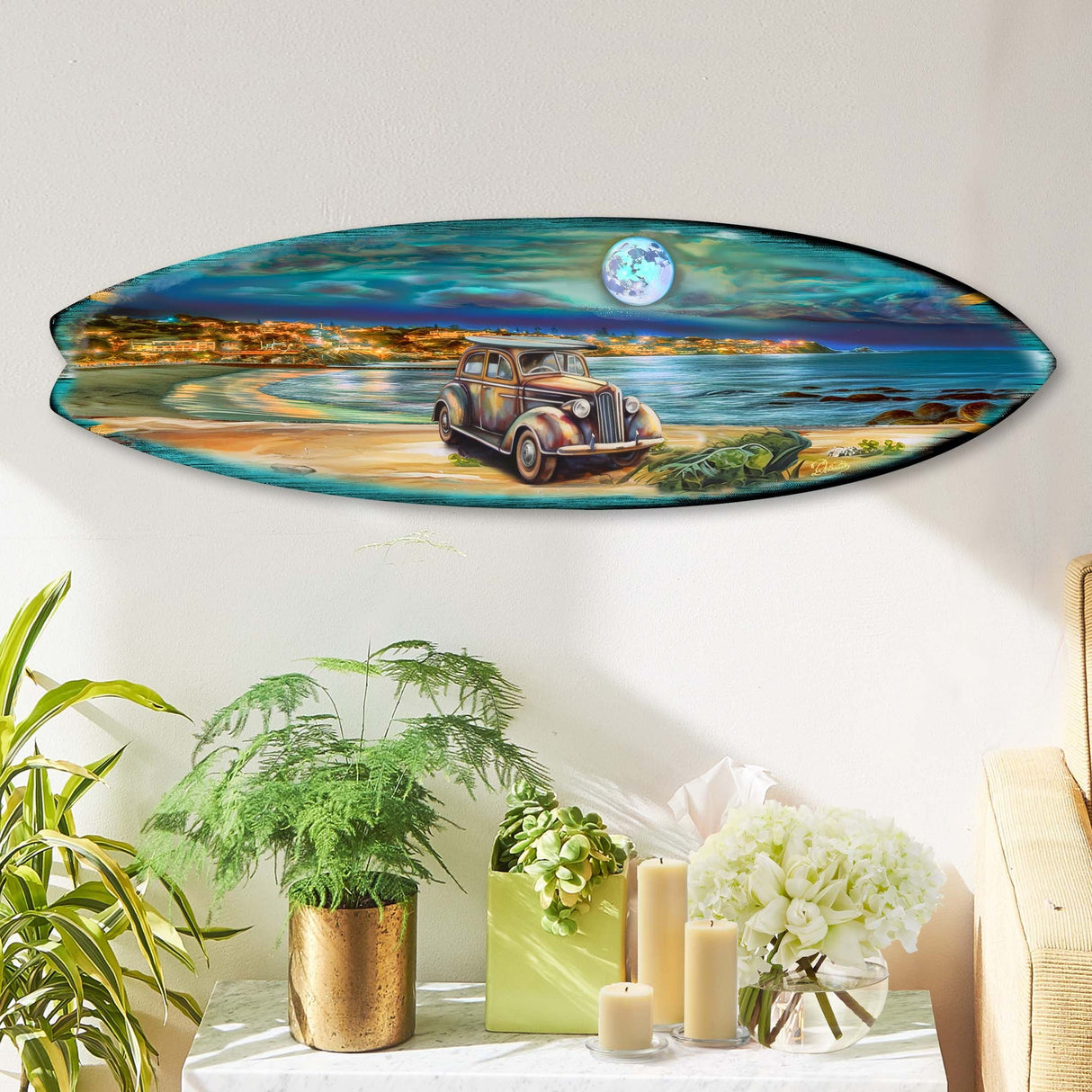 Night Beach Surfboard Coastal Wall Art by G. DeBrekht - Coastal Holiday Decor - 8490123HS