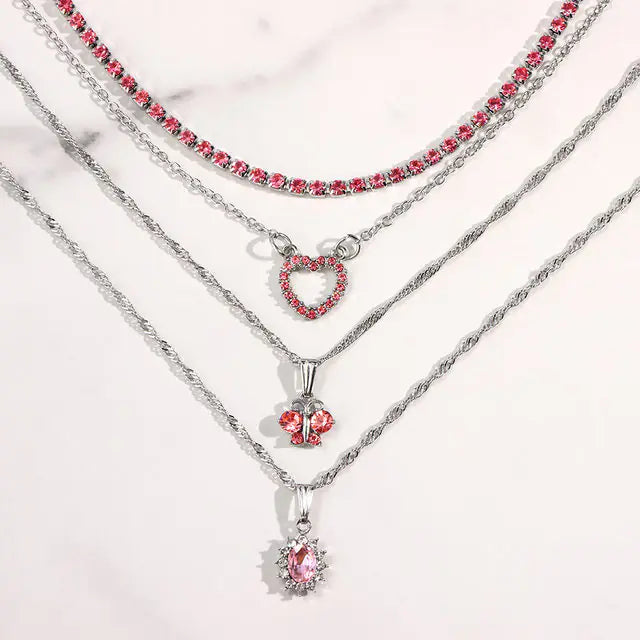 Multi-layer Pink Heart Crystal Pendant Necklaces - Lootquake