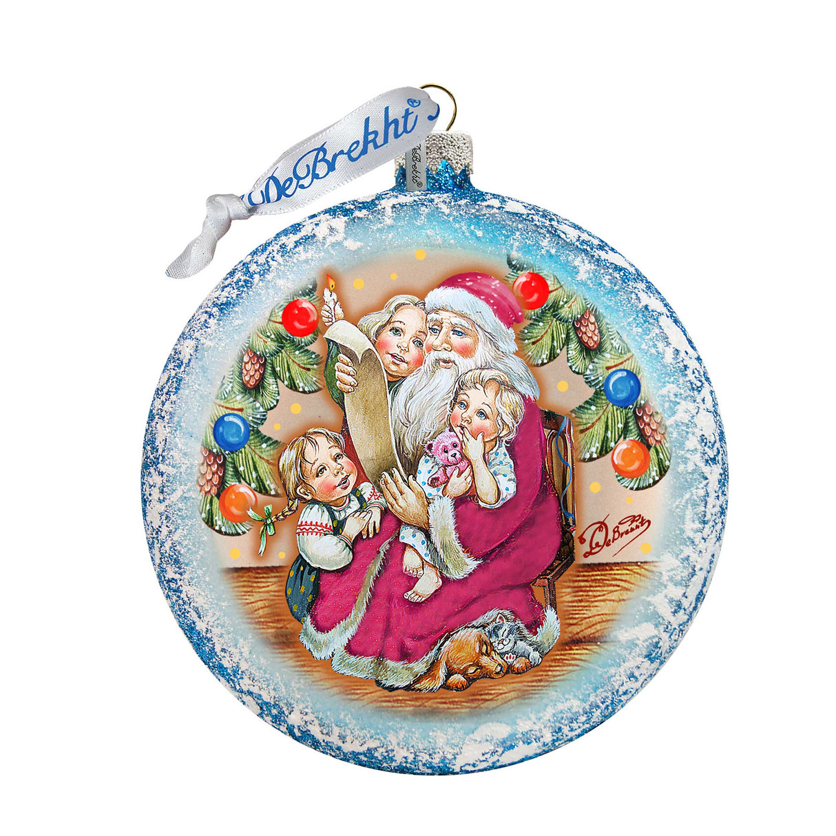Santa List Circle Glass Ornament by G. DeBrekht - Christmas Santa Snowman Decor - 744-011