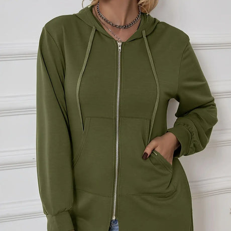 Women's Military Green Casual Sports Hooded Sweatshirt With Drawstring Zipper Jacket, Lightweight Top - Lootquake